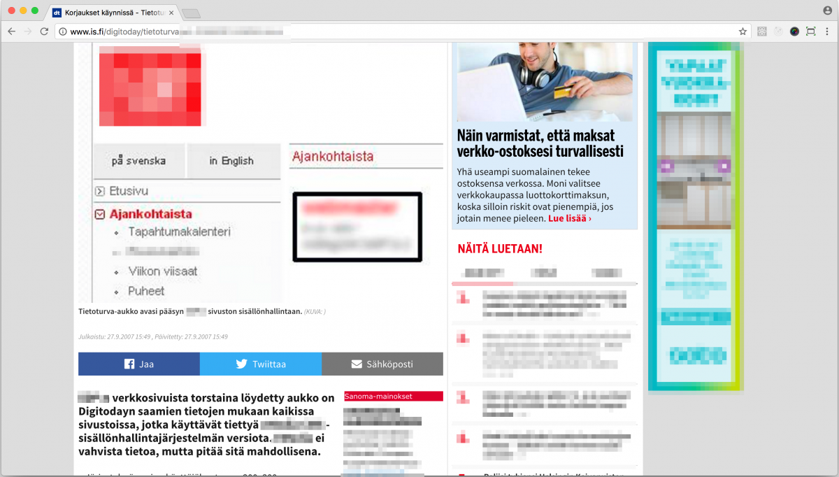 Kuvankaappaus uutisesta, jossa kuvaillaan tekemääni tietoturva-aukkoa.