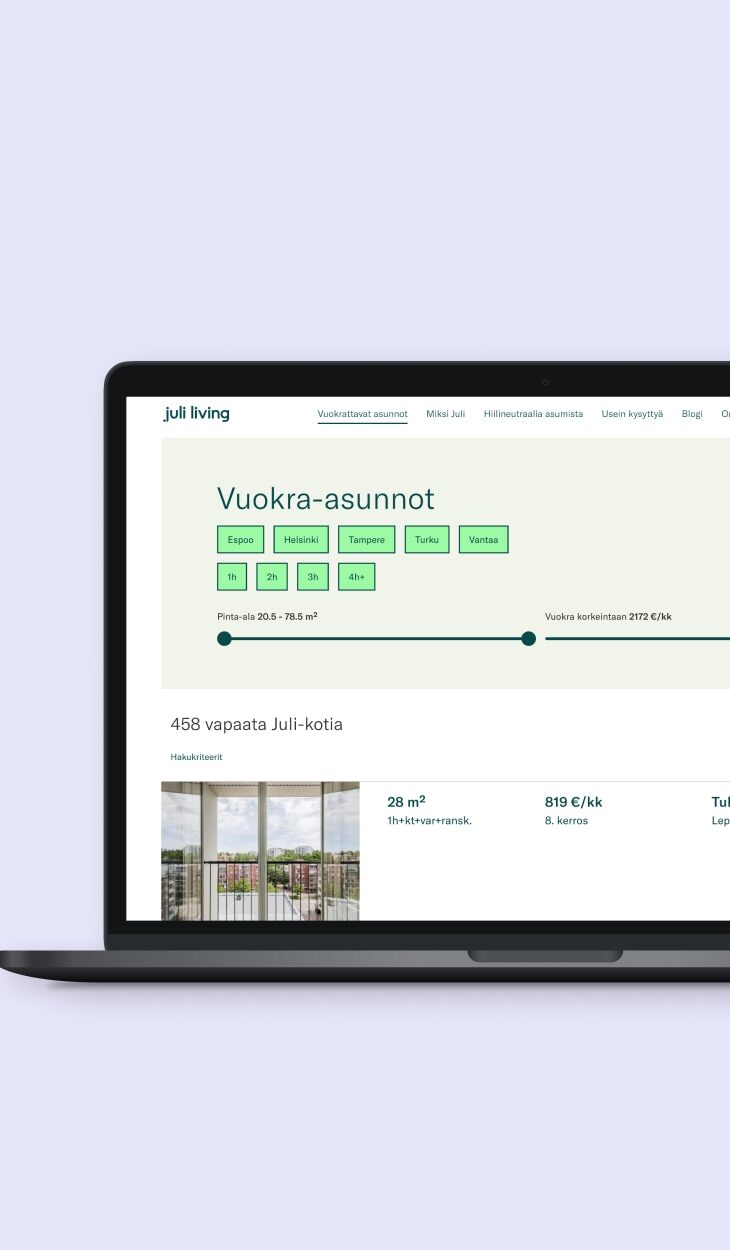 Tietokoneen näyttö, jossa näkyy asunnon haun suodatukset.
